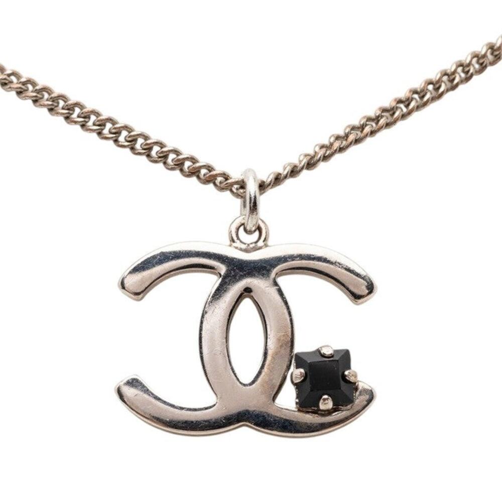 Chanel CC Logo Metal Colored Stone Necklace Silver